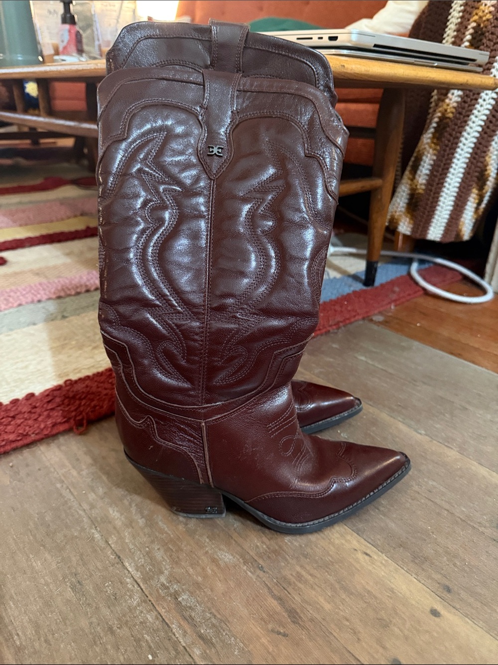 Sam Edelman Burgundy Leather Western Heeled Boots - wide calf